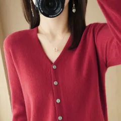 Cardigan V-neck Sweater Loose Bottoming Sweater - Wine - View 1