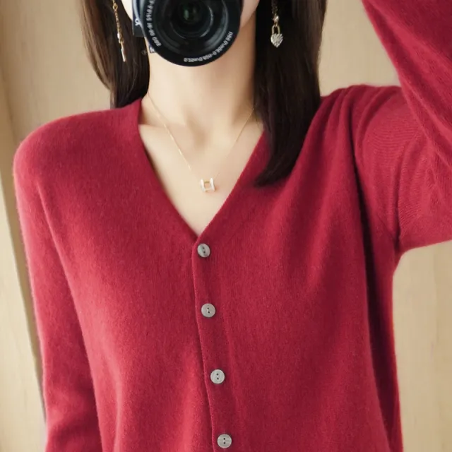 Cardigan V neck Sweater Loose Bottoming Sweater Wine - Shop at LoveMi
