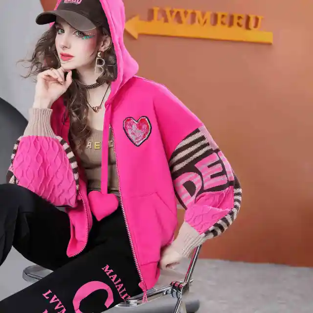 Women's Hooded Knitted Top Baggy Coat Rose Red Velvet - Shop at LoveMi