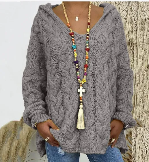 Solid Color Twist Knitted Hoodie Sweater For Women Dark Grey - Shop at LoveMi