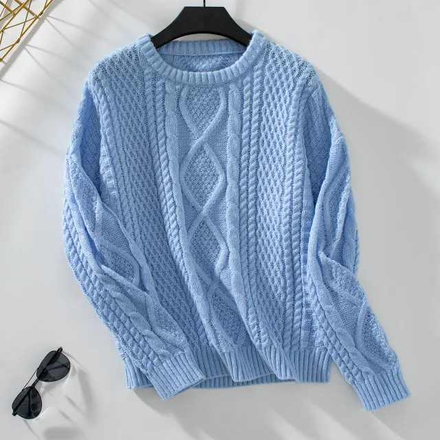 Solid Color Cable knit Pullover Women's Sweater Blue - Shop at LoveMi
