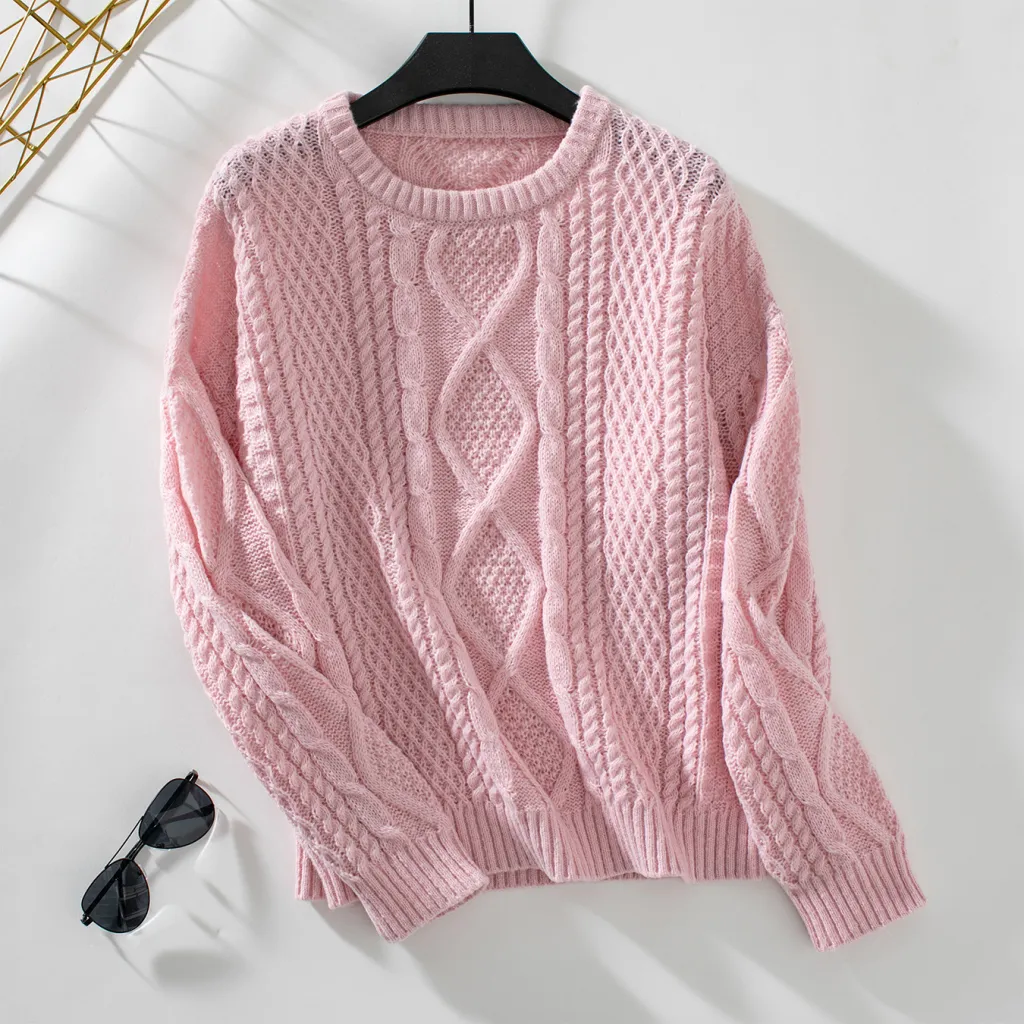 Solid Color Cable-knit Pullover Women's Sweater - Pink