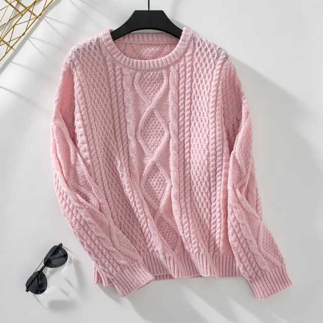Solid Color Cable knit Pullover Women's Sweater Pink - Shop at LoveMi