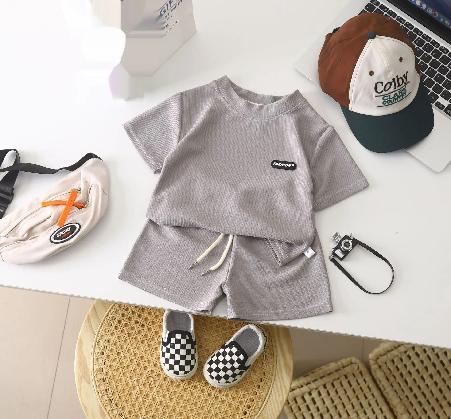 Children's Casual Suit Loose Casual Men's And Women's Short-sleeved Children's Waffle