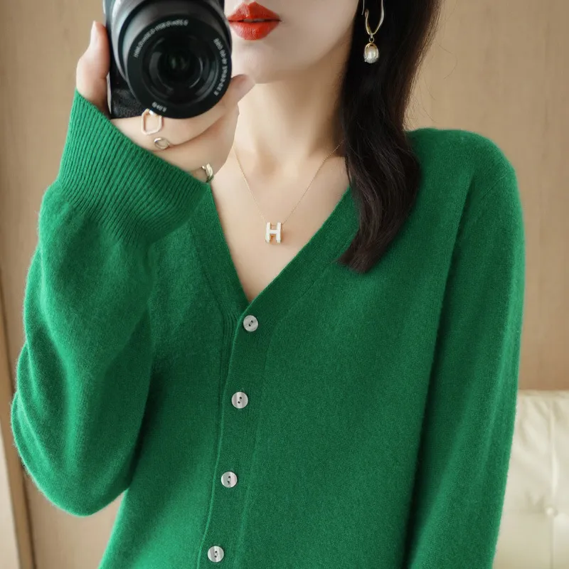 Cardigan V-neck Sweater Loose Bottoming Sweater - Emerald-L