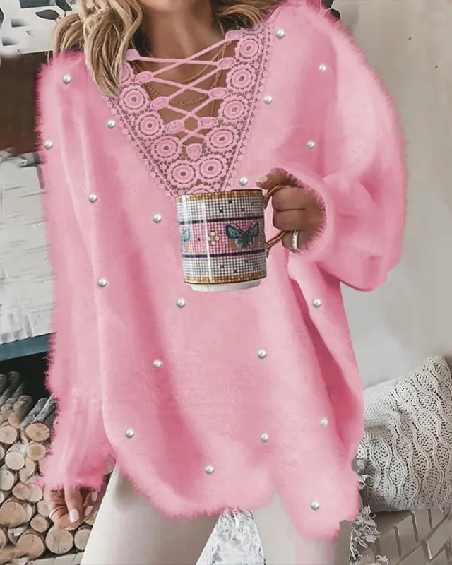 Women's V neck Fur Loose Top Pink2 - Shop at LoveMi