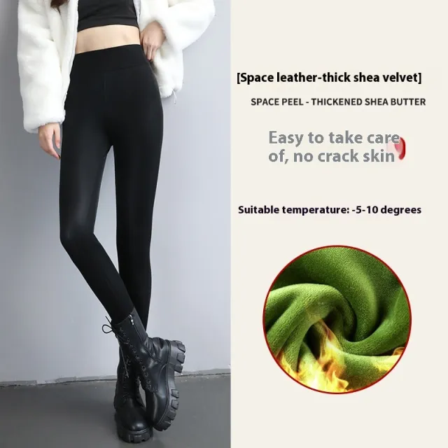 Fleece lined Thick Leggings Tight Leather Pants Space Leather Wood Velvet - Shop at LoveMi