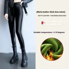 Fleece-lined Thick Leggings Tight Leather Pants - Matte Leather Wood Velvet - View 1