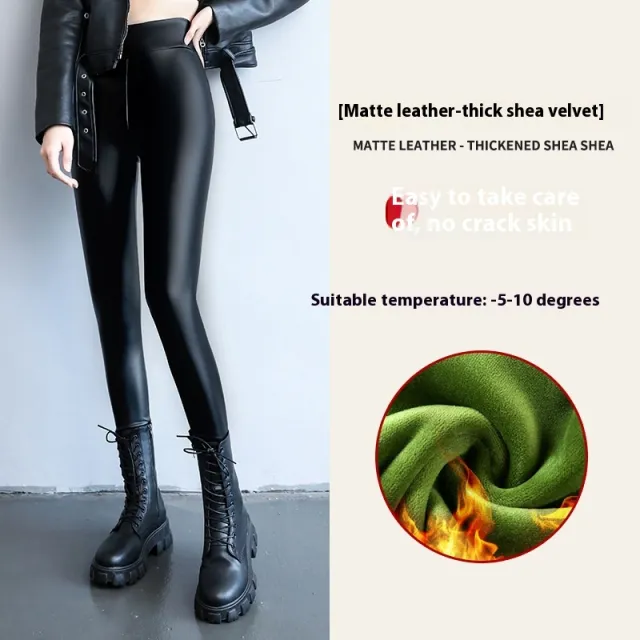 Fleece lined Thick Leggings Tight Leather Pants Matte Leather Wood Velvet - Shop at LoveMi