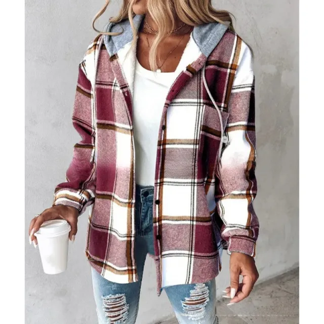 Plaid Hooded Jacket Fashion Casual Button Pocket Coat Autumn And Winter Women's Clothing Brick Red Grid - Shop at LoveMi