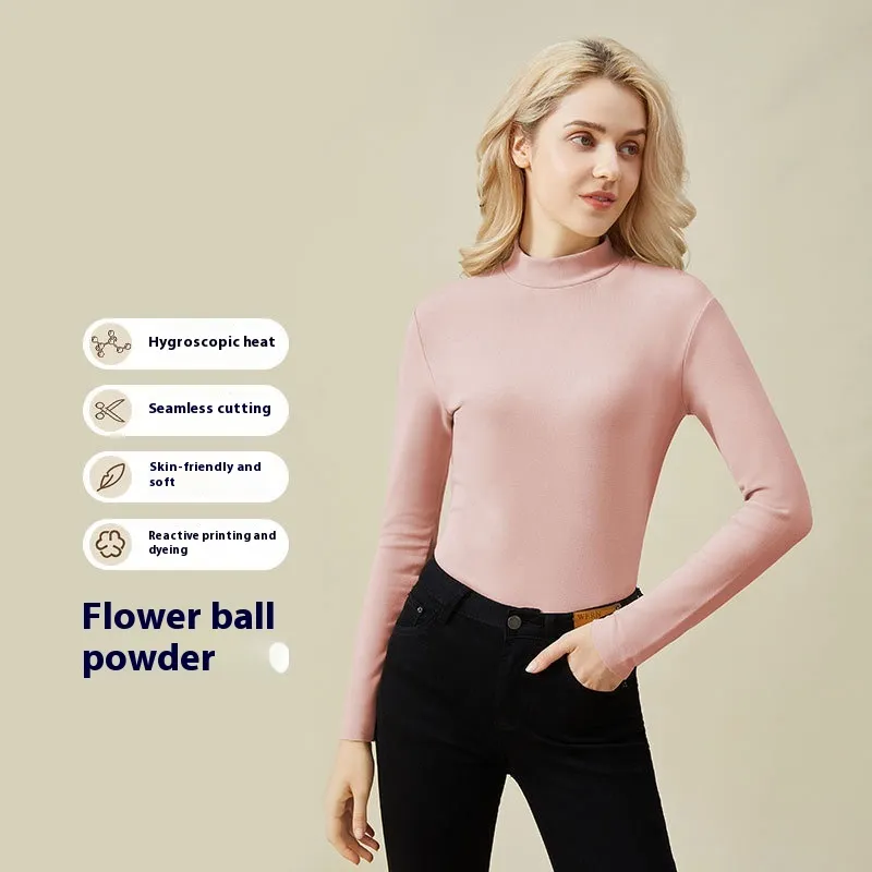 Hyaluronic Acid Half Collar Top Heating Inner Long-sleeved Shirt - Flower Ball Powder