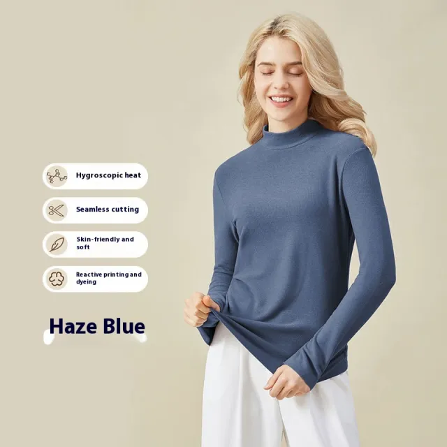 Hyaluronic Acid Half Collar Top Heating Inner Long sleeved Shirt Haze Blue - Shop at LoveMi