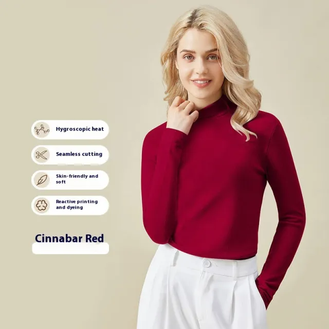 Hyaluronic Acid Half Collar Top Heating Inner Long sleeved Shirt Cinnabar Red - Shop at LoveMi