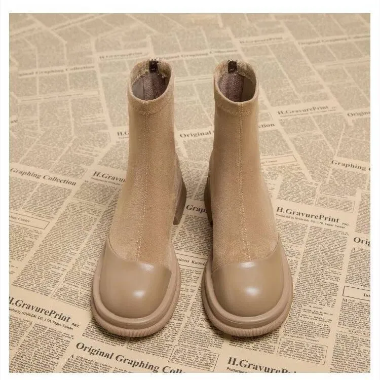 Height Increasing Stitching Short Thick Bottom Chunky Heel Martin Boots - Khaki