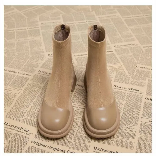 Height Increasing Stitching Short Thick Bottom Chunky Heel Martin Boots Khaki - Shop at LoveMi