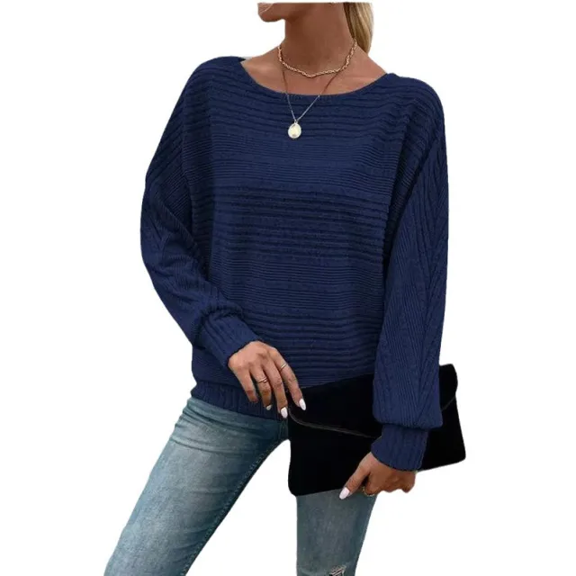 Solid Striped Batwing Sleeves T shirt Fashion Casual Pullover Round Neck Long Sleeve Top Spring And Autumn Women's Clothing Navy Blue - Shop at LoveMi
