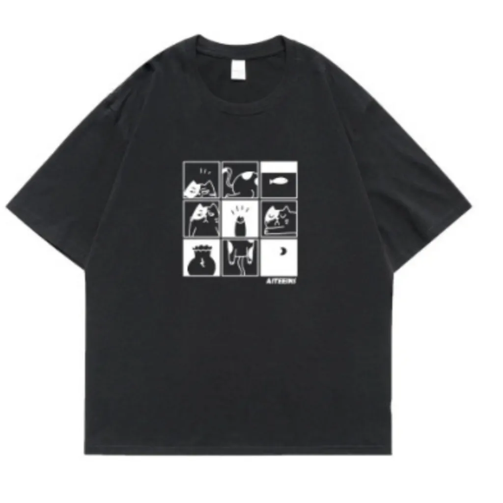 Female Minimalist Creative Art Printed Short Sleeved Shirt - Black - View 1