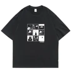 Female Minimalist Creative Art Printed Short Sleeved Shirt - Black - View 1
