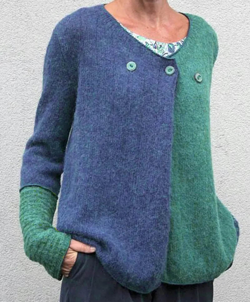 Women's Small Top Contrast Color Casual Knitted Top - Blue And Green