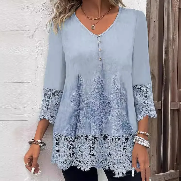 Holiday Fashion Hollow Out Short Sleeve Women's T-shirt - Blue