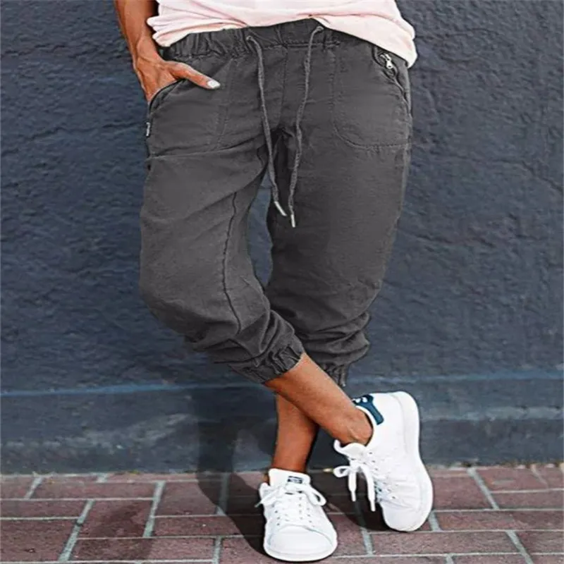 Women's Solid Color Casual Zipper Pocket Elastic Waist Overalls Cropped Pants - Grey