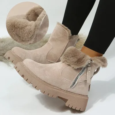 Women's Snow Boots Winter Warm Foldable Plush Tube Short Boot Solid Color Round-toe Platform Shoes