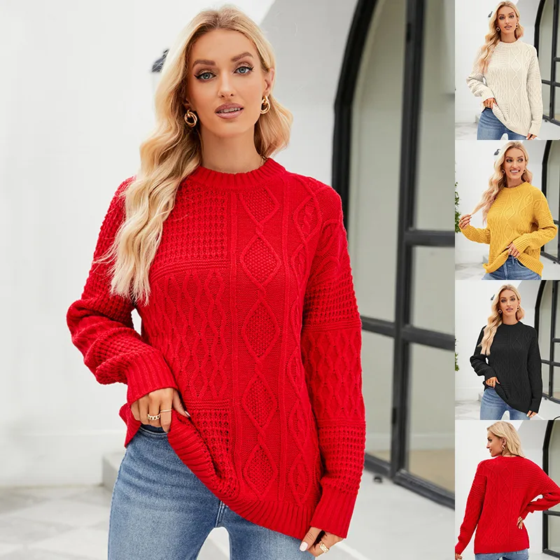 Casual Round-neck Pullover Sweater Fall Winter Solid Color Cable-knot