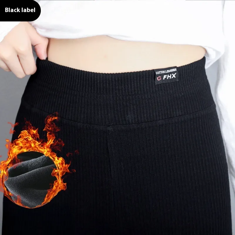 Red Label Thread Fleece-lined Thick Leggings Winter Women's Pants - Black Label Black