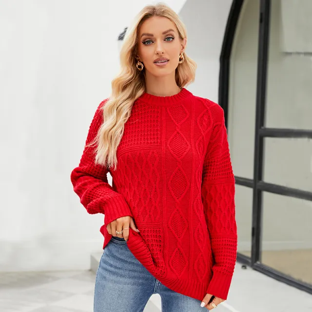 Casual Round neck Pullover Sweater Fall Winter Solid Color Cable knot Pattern Tops Women Clothing Red - Shop at LoveMi
