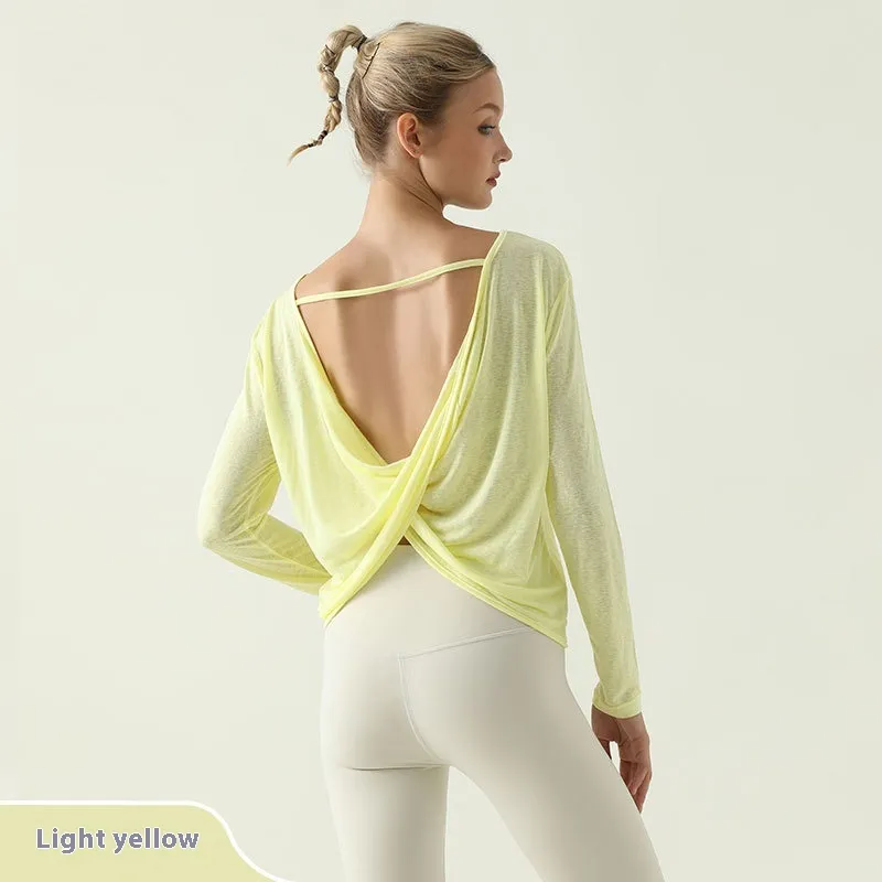 Comfortable Breathable Yoga Long-sleeved Blouse Top - Light Yellow