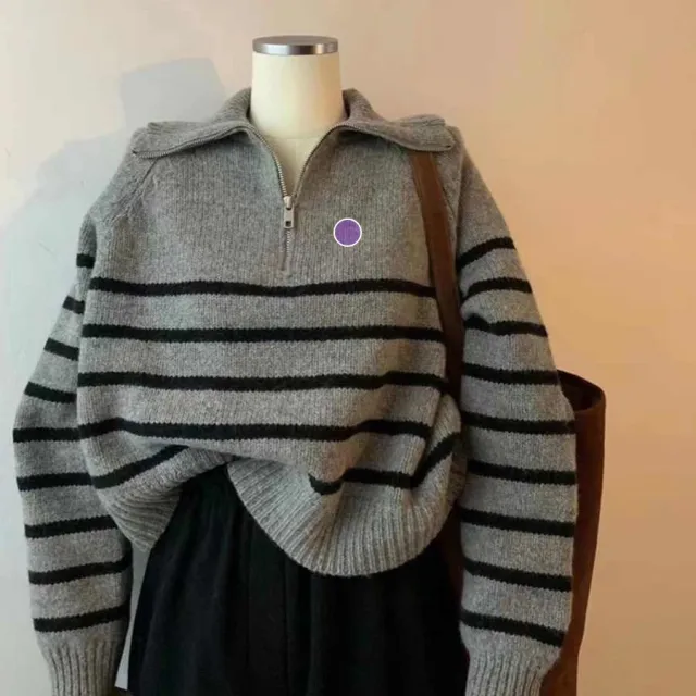 Gray Half Zip Turtleneck Striped Knitted Sweater Gray - Shop at LoveMi
