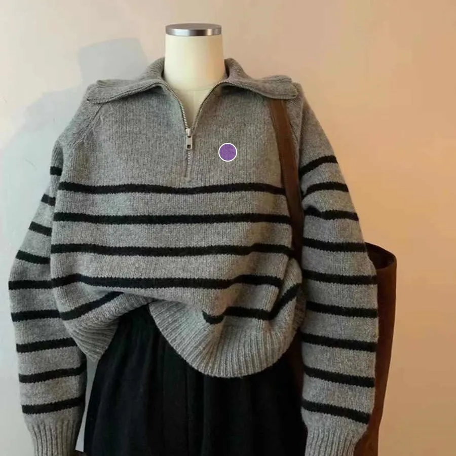 Gray Half Zip Turtleneck Striped Knitted Sweater - Gray