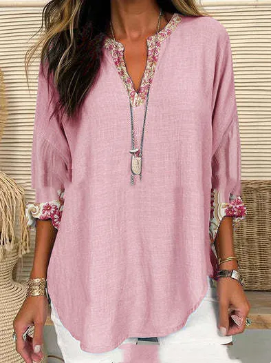 Autumn And Winter V neck Cotton And Linen Solid Color Printing Plus Size Lining Pink - Shop at LoveMi