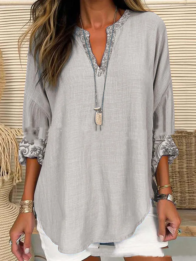 Autumn And Winter V-neck Cotton And Linen Solid Color Printing Plus Size Lining - Gray
