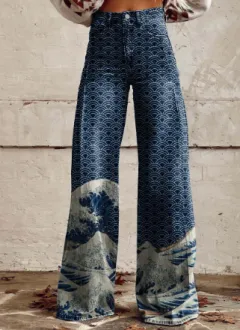 Fashion Women's Printed High Waist Loose Thin Imitation Denim Wide Leg Pants - Yj4112-5Xl - View 1