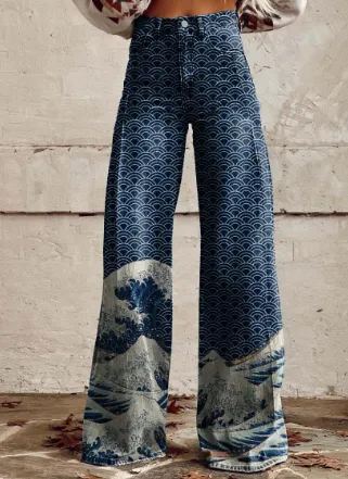 Fashion Women's Printed High Waist Loose Thin Imitation Denim Wide Leg Pants Yj4112 5Xl - Shop at LoveMi