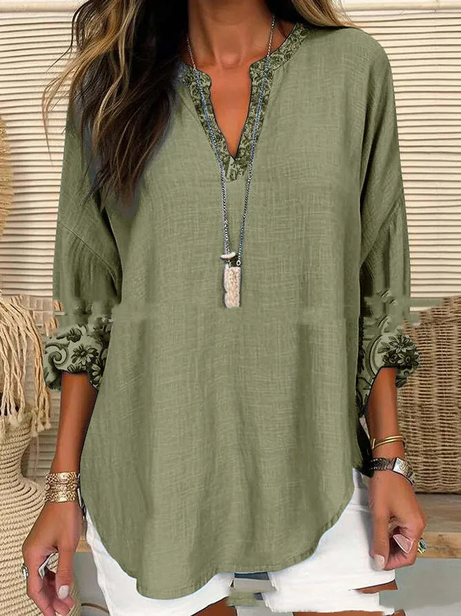 Autumn And Winter V-neck Cotton And Linen Solid Color Printing Plus Size Lining - Green - View 1