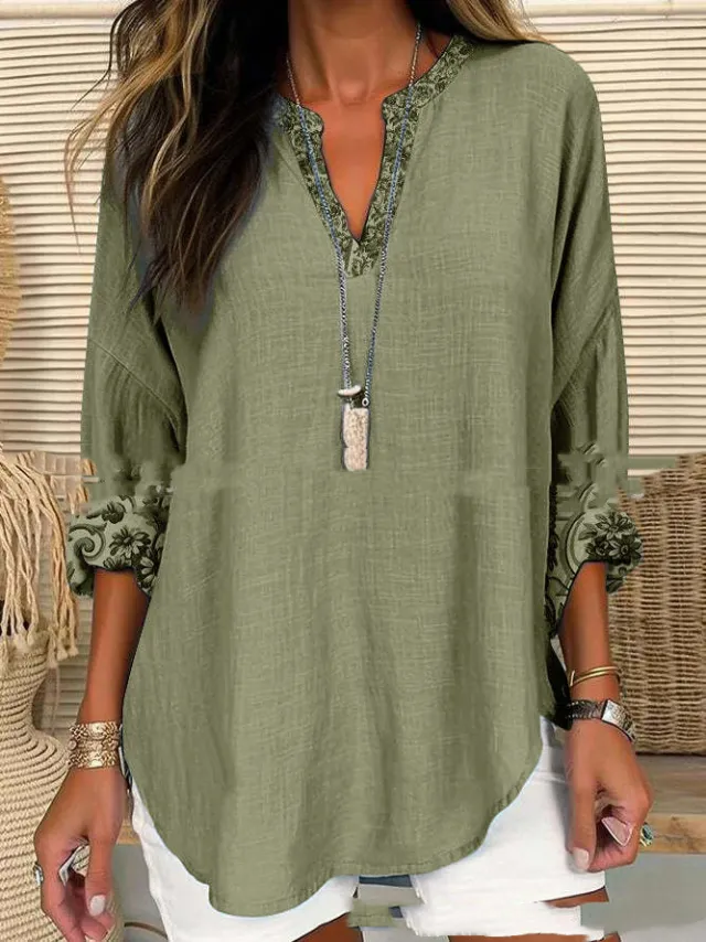 Autumn And Winter V neck Cotton And Linen Solid Color Printing Plus Size Lining Green - Shop at LoveMi