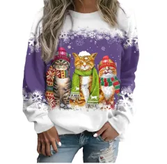 European And American Christmas Cat Printing Crew Neck Pullover Sweatshirt - Bjc214-L - View 1