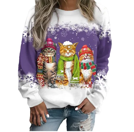 European And American Christmas Cat Printing Crew Neck Pullover Sweatshirt Bjc214 M - Shop at LoveMi