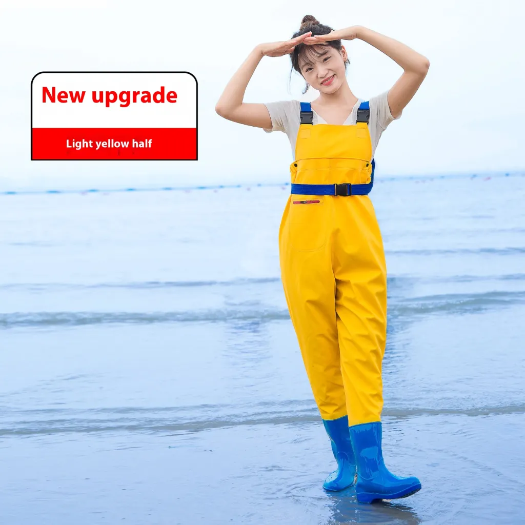 Women's Thick Waterproof One-piece Half Body Rain Pants - Female Light Yellow Half Body