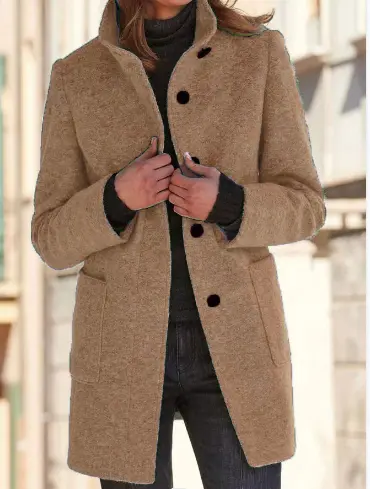 Fashion Stand Collar Woolen Coat with Pockets Fall Winter Casual Button Outwear