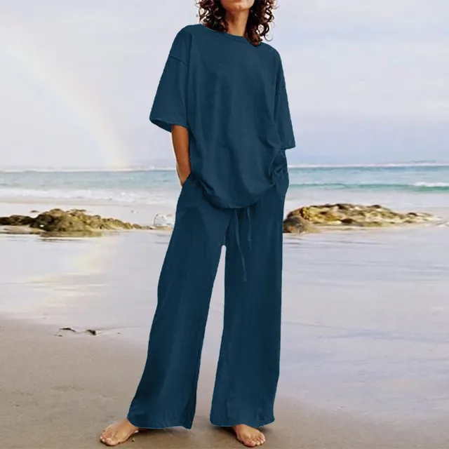 Cotton And Linen Home Solid Color Two piece Suit Dark Blue - Shop at LoveMi