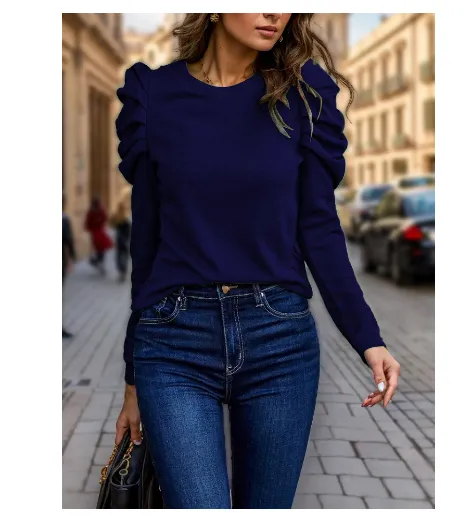 High Elastic Cashmere Round Neck Slim Bubble Long Sleeve Top Tan - Shop at LoveMi