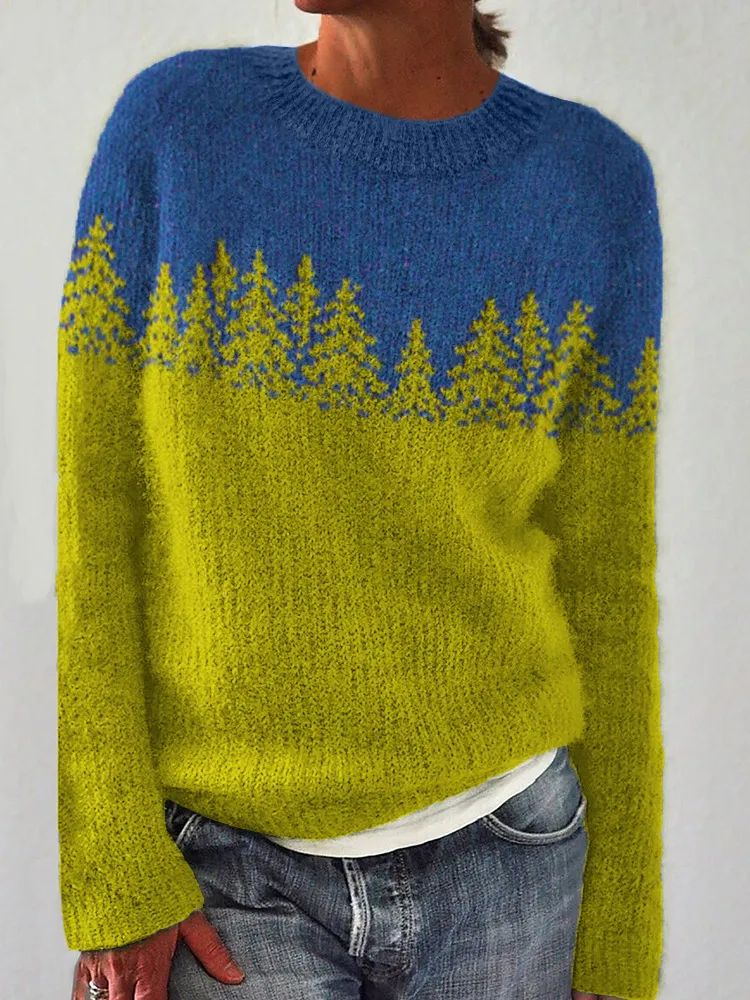 Thick Needle Fabric Printed Women's Round Neck Sweater - Bright Yellow
