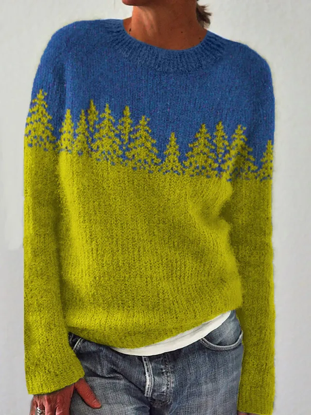 Thick Needle Fabric Printed Women's Round Neck Sweater Bright Yellow - Shop at LoveMi