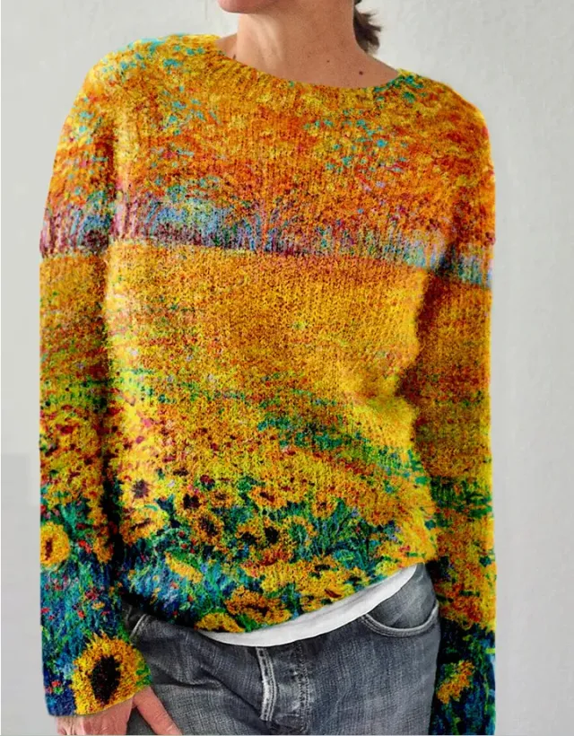 Thick Needle Fabric Printed Women's Round Neck Sweater Sunflower 4Xl - Shop at LoveMi