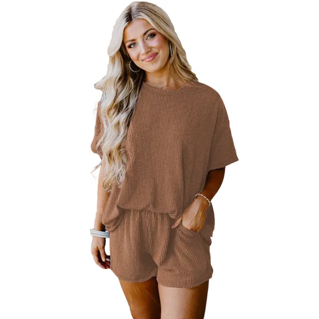 Solid Color Short sleeved Top And Shorts Two piece Set Lc625586P1016Color S - Shop at LoveMi