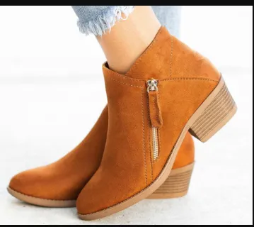 Chunky Heel Side Zip Mid heel Ankle Boots Brown - Shop at LoveMi