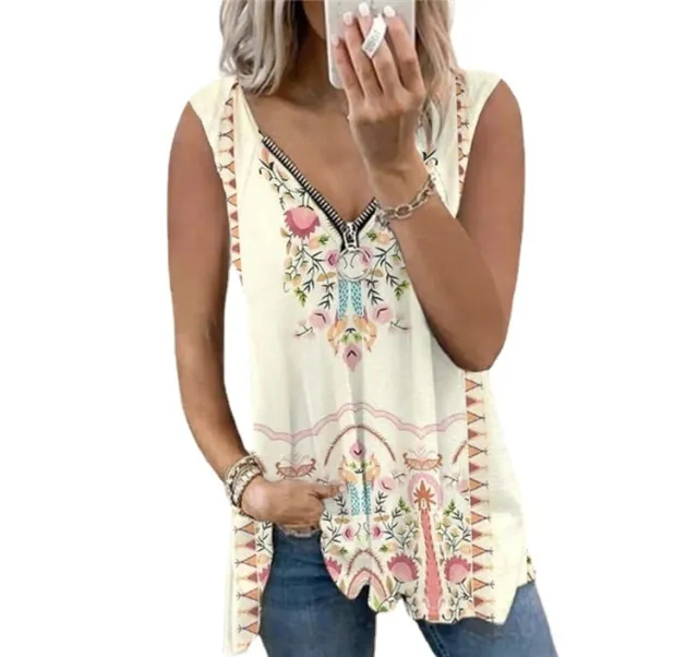 V neck Zipper Printed Top Apricot - Shop at LoveMi